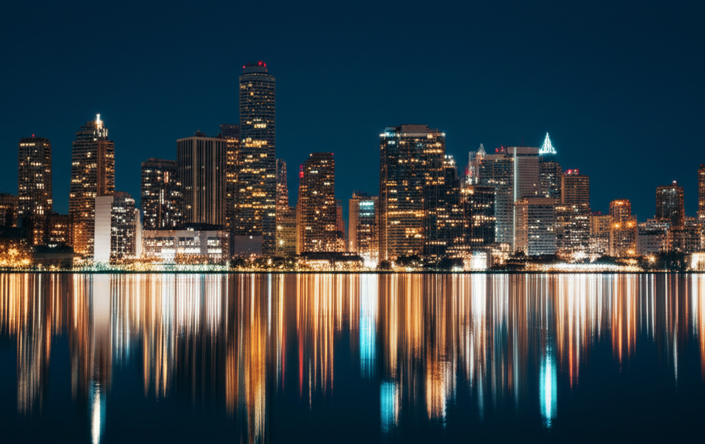 City skyline with water reflection